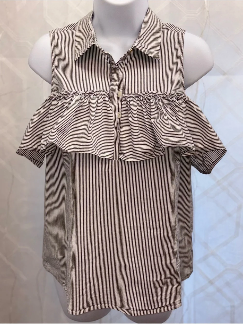 Michael Michael Kors Cotton Striped Cold-Shoulder Ruffle Blouse Preppy Chic S